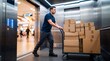 © detry26 - Courier pushing trolley with cardboard box in elevator. Delivery man transporting parcel in building. Logistics professional working in supply chain, relocation and freight shipping service