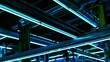 © Thares2020 - Sleek metal beams are illuminated by an intense blue neon glow creating a dynamic and futuristic industrial atmosphere