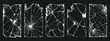 © Zbrake Studio - Collection of realistic broken glass screen overlays with various crack patterns, isolated on black background for digital design and photo editing.