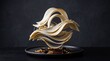 © Rakib - Avant garde white chocolate sculptural dessert with gold foil leaf accents on black plate