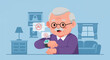 © my - Flat vector illustration of a senior man mascot using a smartwatch for health monitoring and AI assistance, featuring heart rate icons and a living room background for elderly care.