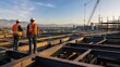© lebron james - joists. Construction site with workers inspecting steel joists, morning light. safety posters, maintenance manuals, designed for precision metalworking and fabrication facilities.