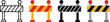 © MD - Road barrier icons set featuring various striped construction barricade designs in flat vector style for safety and traffic management signs