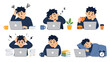 © Alan - Set of tired male student working on laptop in different poses
