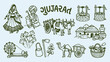 © Geetaroy - gujarat travel heritage culture pattern, traditional indian state rural background, ethnic gujarat lifestyle village illustration, cultural indian travel souvenir print, rural indian village life sket