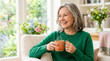 © Len_mik - Smiling mature woman with grey hair holding a steaming mug. Happy senior widow in a green sweater sitting in an armchair at home. Hope and healing concept
