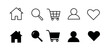 © Sadia - Minimalist web navigation user interface icons set featuring home page search glass shopping cart silhouette avatar profile and heart symbol in line and solid black styles.