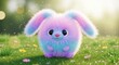 © newofficial - Fluffy colorful fantasy creature sitting in green flower meadow.