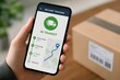 © Creative mind - A hand holding a smartphone with a delivery tracking app open, with a package in the background, illustrating logistics and e-commerce.
