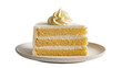 © Vetle - Layered vanilla cake slice with cream frosting swirl on plate