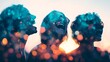 © Tanakrit - Three friends laugh and enjoy a joyful moment together, captured with festive bokeh lights overlay during sunset or twilight.