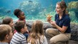 © Artyom - Aquarium educator shows a starfish to an attentive group of children beside a large touch tank