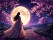 © Naseem - Title: Full Moon and Cherry Blossoms at Night - Magical Sakura Moon Digital Art