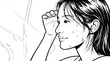 © Aslan - Detailed illustration of a sweating woman looking out the window during intense heat with sweat droplets on her face