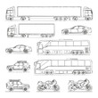 © Anton - Comprehensive transportation set featuring vehicle line art of a heavy truck, sedan car, passenger bus, motorcycle, and off-road SUV