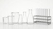 © Quotes - Laboratory glassware collection on white background, professional chemistry beakers and erlenmeyer flasks, clear glass test tubes in metal rack