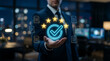 © HADI INCREDIBLE - Business professional holding a glowing digital interface representing quality assurance, service rating, and document approval compliance.