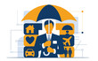 © Rubel - Graphic illustration of a businessman holding a protective umbrella over various life insurance icons with insurance