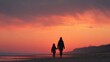 © CooLKenG - A woman and a young child holding hands while walking along a sandy beach under a vibrant sunset sky