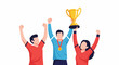 © nuri - Three diverse people celebrating a victory, holding up a trophy and medal
