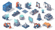 © Temenan - Isometric industrial and technology icons representing manufacturing, construction, and advanced machinery.
