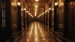 © Lubov - Long ornate hallway with polished wood floors, gold accents. Walls feature decorative panels, sconce lights. Perspective draws eye towards distant doors. Empty corridor offers grand, luxurious feel,