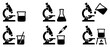 © Dinali - Science laboratory microscope icon set showing chemistry experiment equipment including flask, beaker, pipette, stirrer, burner. Dark graphic vector glyph signs for medical research biotechnology work