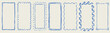 © liana - Set of blue crayon doodle hand drawn sketch coastal rectangle frames. Italian style marine sea side design element. Postal summer stamp, scalloped edge, oval shape charcoal border freehand drawing