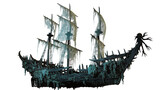 Ghostly pirate ship with tattered sails and skeletal figurehead