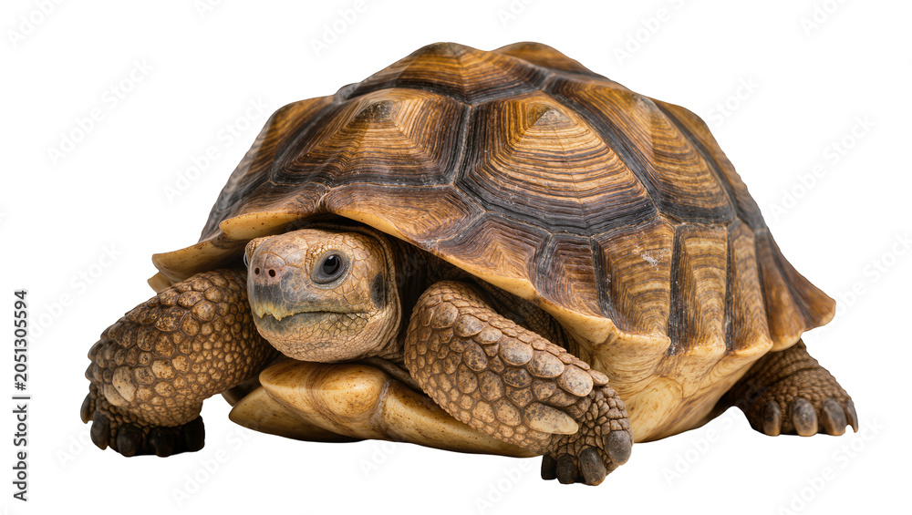 Sulcata tortoise with textured shell and scaly legs
