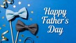 © Danish - Two stylish bow ties displayed on wooden sticks with shiny gold confetti and ribbons against a vibrant blue background celebrating a happy father day event