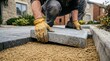 © Image - A man wearing gloves places a concrete paving stone on sand in a suburban driveway beside a house.