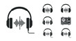© Vlad - Collection of headphone icons with integrated sound wave visualizations and a vintage radio tuner for music and audio production themes.