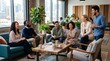 © Felippe Lopes - Diverse group of colleagues laughing and chatting during a casual office break in a modern coworking space with city views
