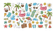 © Hossain - Summer Vacation Doodles: A vibrant collection of hand-drawn illustrations depicting quintessential summer vacation elements, including palm trees, surfboards, flamingos, tropical drinks.
