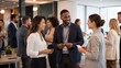 © Tati - Diverse professionals networking and chatting at a modern office event during a business gathering