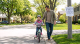 Father teaching his young daughter to ride a bicycle on a suburban street. Happy girl on bike with training wheels and helmet. Parenting milestone concept