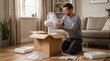 © Николай Чайка - Man assembling electric fan from cardboard box in modern living room with natural light, indoor plants, and cozy furniture in the background