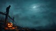 © TFU - Minimalist halloween night scene featuring a carved jackolantern and sitting cat for halloween copy space background halloween background seasonal cemetery