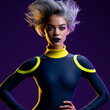 © Nick Freund - Eine futuristische weibliche Figur in einem lila Ganzkörperanzug mit neonfarbenen gelben Kreisen und passenden Accessoires posiert vor dunklem Hintergrund