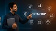 © Komang - Startup, business and man with technology interface for innovation, growth and entrepreneurship. Professional, future and success with icons, digital planning and launching new company venture.