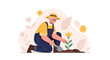 © Aman - Elderly farmer planting a flower in a garden, flat design illustration, concept of nature and hobby