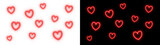 Seamless pattern background of many small red glowing neon hearts scattered on dark backdrop graphic