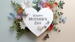 © Анастасия Мулюкова - Colorful paper cut flowers and butterflies on pastel background with large white heart shaped text 'Happy Mother's Day'