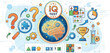 © กฤษฎา ทองชู - IQ test concept banner design. Human brain with digital circuits, question marks, puzzles, stopwatch, and achievement trophy. Bright vector illustration for education, psychology, and logic testing.