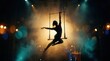 © Funster - An acrobat in motion during a trapeze aerial routine illuminated by a warm golden spotlight.