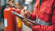 © YM Creative Studio - Fire Extinguisher Inspection Safety Worker Clipboard Red Uniform Industrial Checklist Maintenance