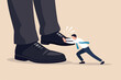 © Hanufa - Unfair competition, cheating authority and power to abuse competitor, violence, conflict or employee fight concept, small employee trying push back giant boss or competitor big feet