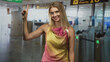 © Krakenimages.com - Woman smiling points index finger upward near airport gate 10 in busy departure terminal; travel confidence.