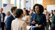 © Xenia - Smiling Black transgender woman networking at a business conference. Professional corporate executive talking with colleagues at a convention. Inclusive workplace diversity